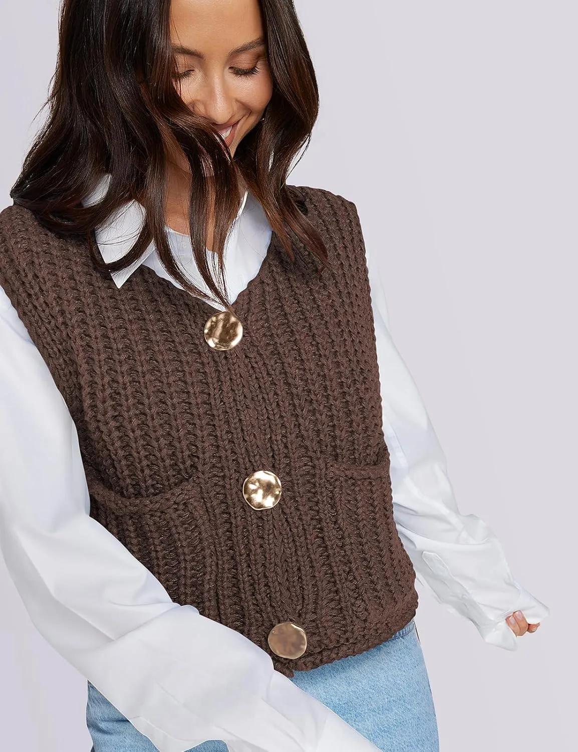 UEU Womens Chunky Sweater Vest Button Down Sleeveless Cardigan V Neck Crop Crochet Knit Tops 2025 Fashion Trendy Clothes
