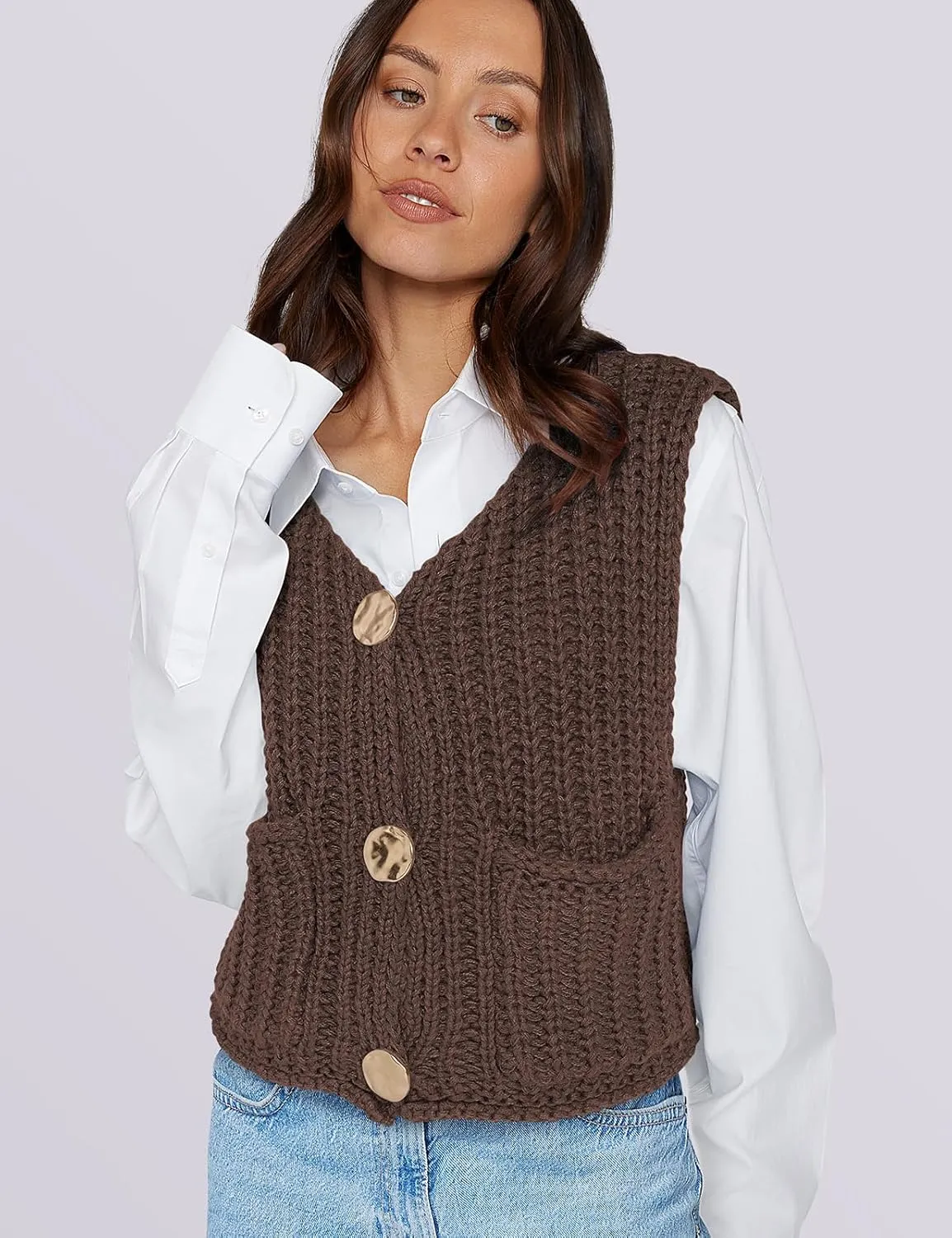 UEU Womens Chunky Sweater Vest Button Down Sleeveless Cardigan V Neck Crop Crochet Knit Tops 2025 Fashion Trendy Clothes