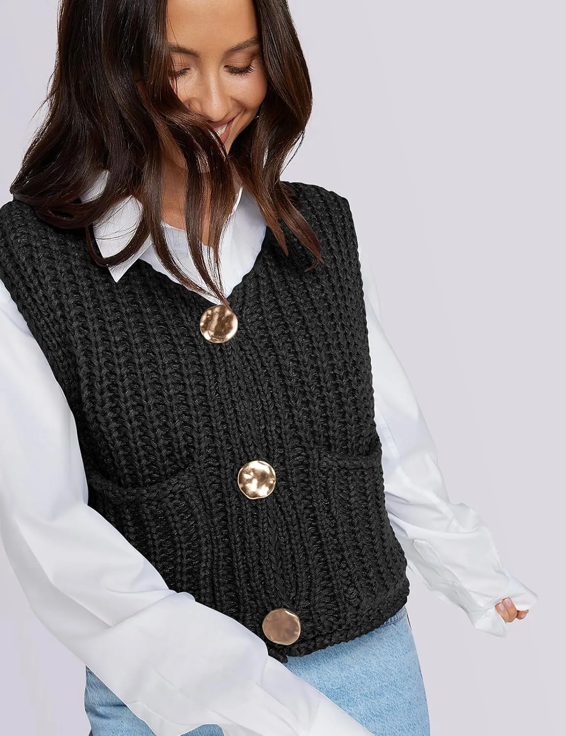 UEU Womens Chunky Sweater Vest Button Down Sleeveless Cardigan V Neck Crop Crochet Knit Tops 2025 Fashion Trendy Clothes