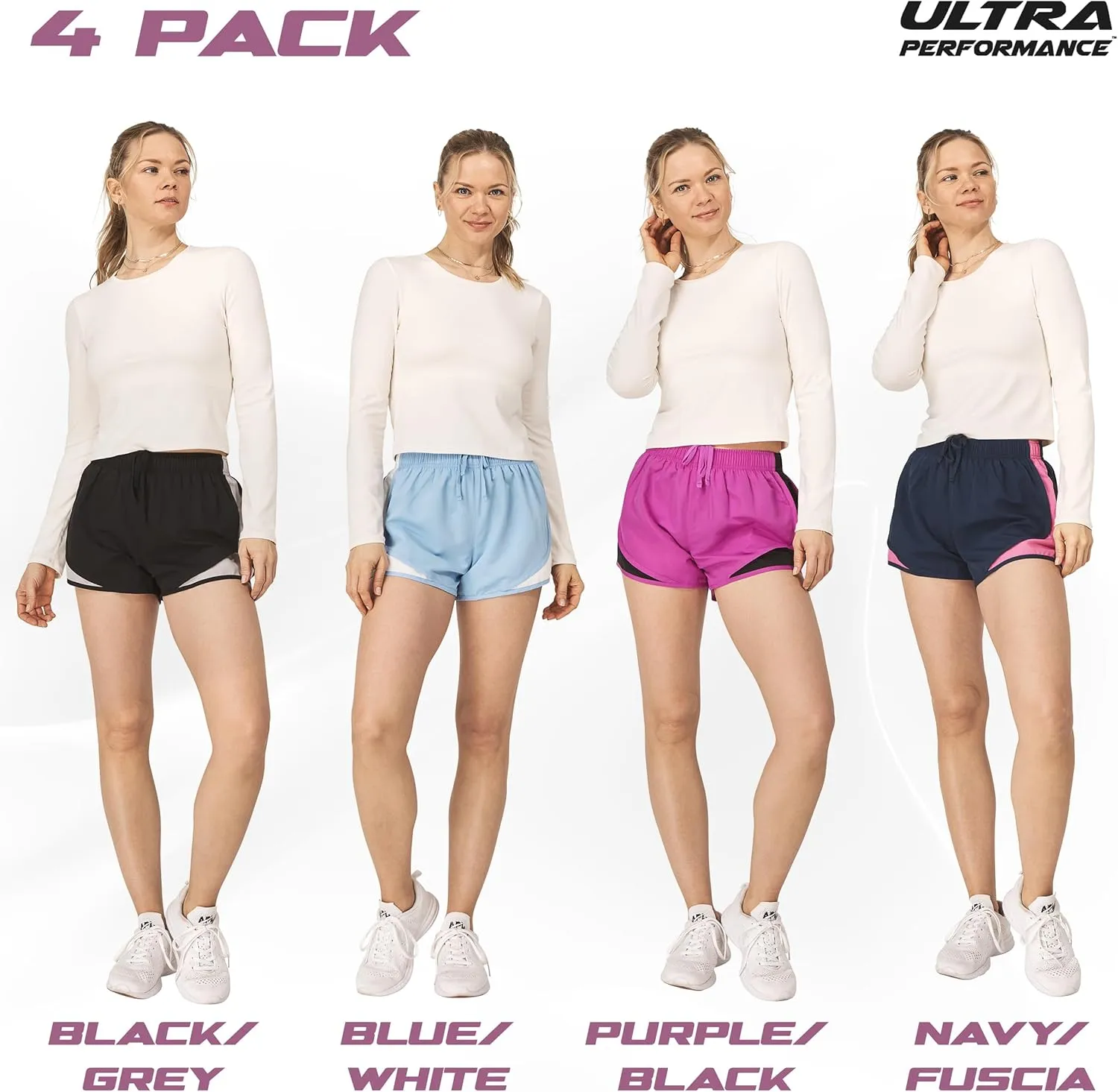 Ultra Performance Women's Running Shorts 4-Pack Athletic Workout Gym Shorts for Women, with Brief Liner