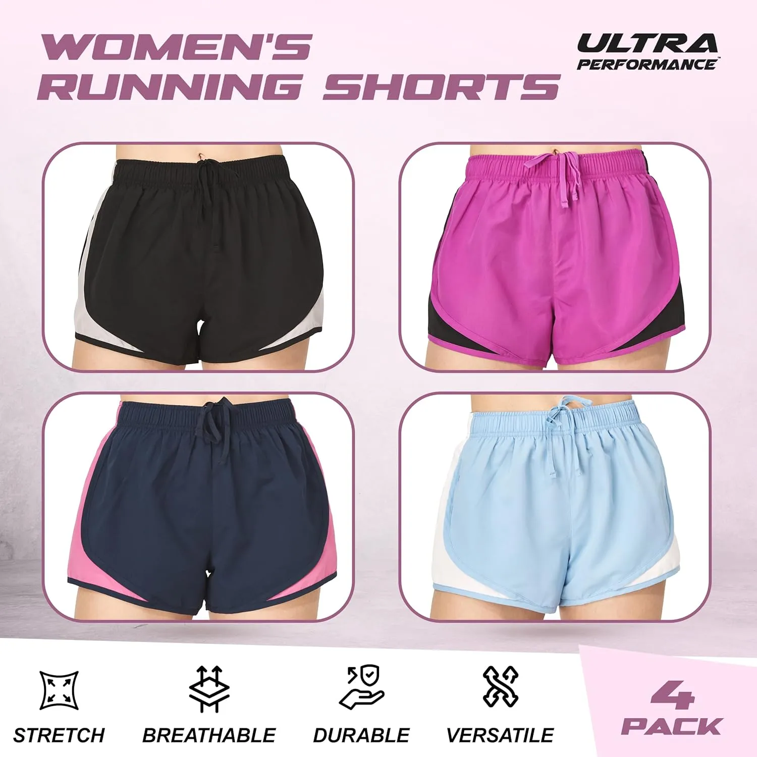 Ultra Performance Women's Running Shorts 4-Pack Athletic Workout Gym Shorts for Women, with Brief Liner