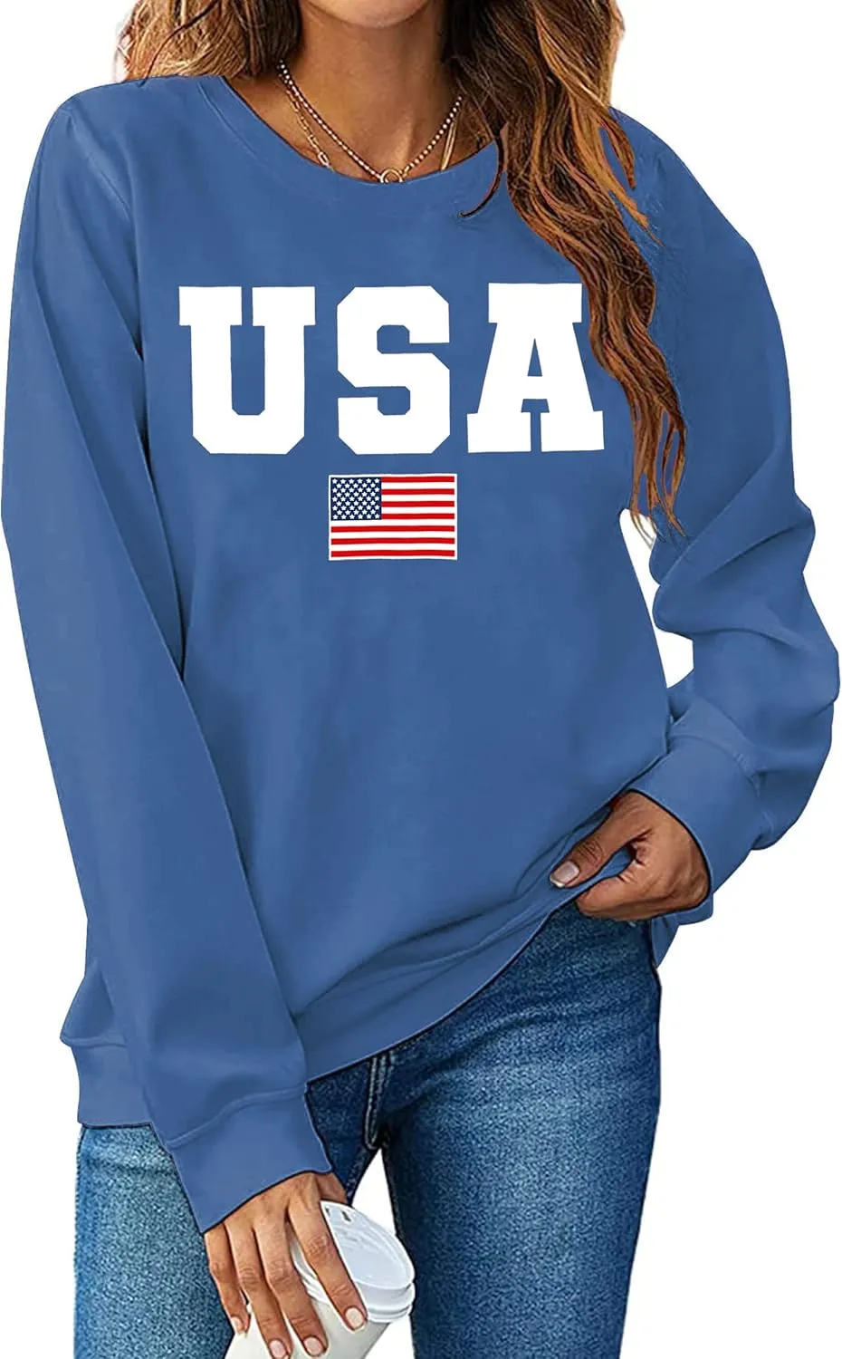 USA Sweatshirt Women American Flag Shirt Patriotic Tshirt Stars Stripes Pullover 4th of July Tee Tops