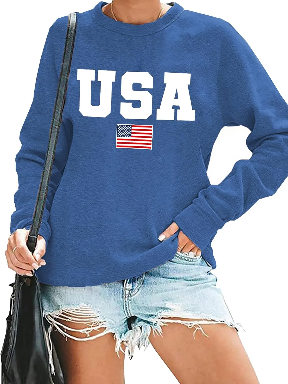 USA Sweatshirt Women American Flag Shirt Patriotic Tshirt Stars Stripes Pullover 4th of July Tee Tops