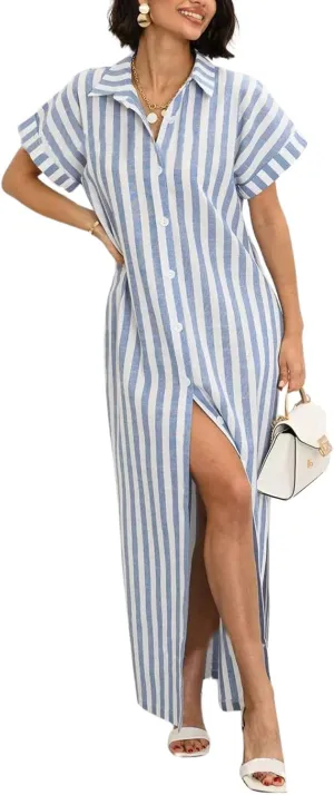 utcoco Women's 2025 Striped Short Sleeve Cotton Maxi Shirt Dress Belted Side Slit Button Down Dress with Pockets