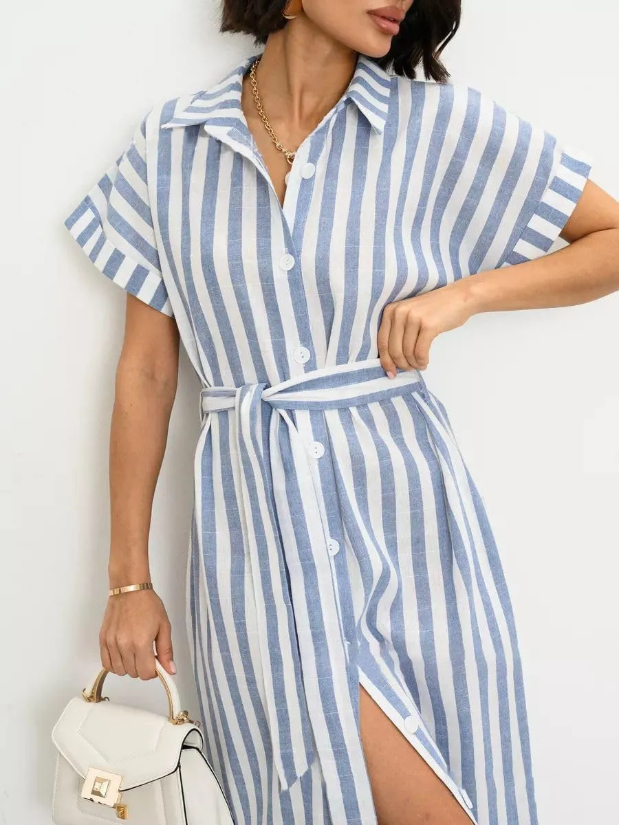 utcoco Women's 2025 Striped Short Sleeve Cotton Maxi Shirt Dress Belted Side Slit Button Down Dress with Pockets