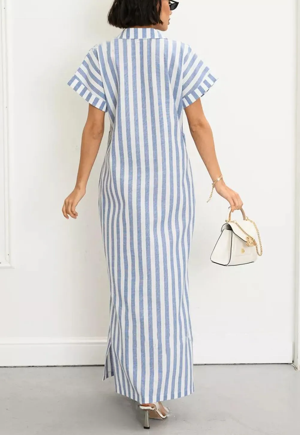 utcoco Women's 2025 Striped Short Sleeve Cotton Maxi Shirt Dress Belted Side Slit Button Down Dress with Pockets