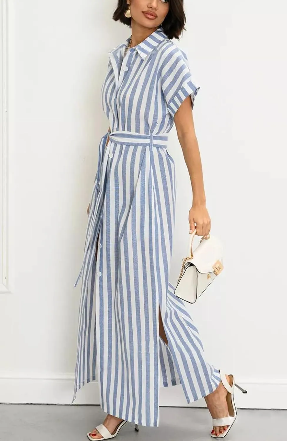 utcoco Women's 2025 Striped Short Sleeve Cotton Maxi Shirt Dress Belted Side Slit Button Down Dress with Pockets