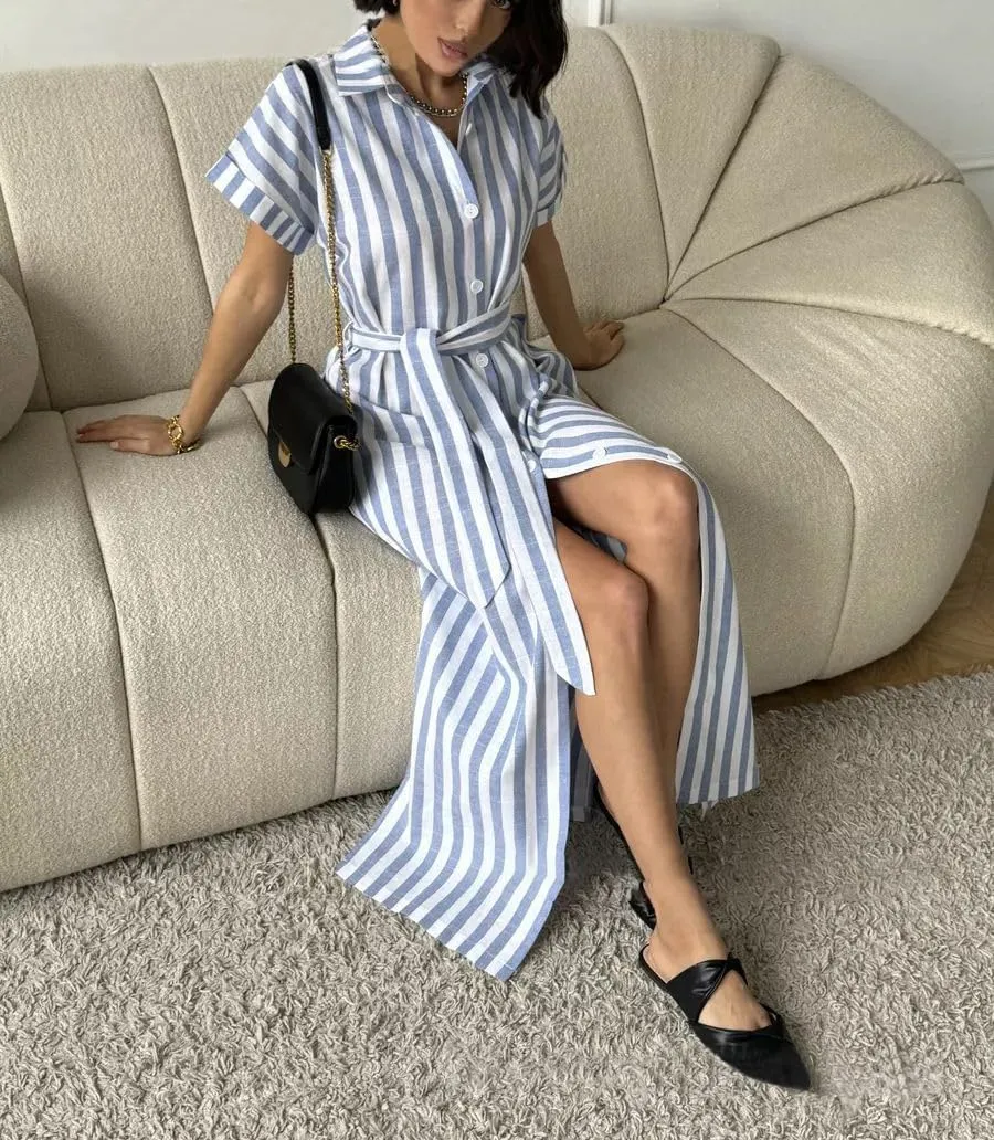 utcoco Women's 2025 Striped Short Sleeve Cotton Maxi Shirt Dress Belted Side Slit Button Down Dress with Pockets