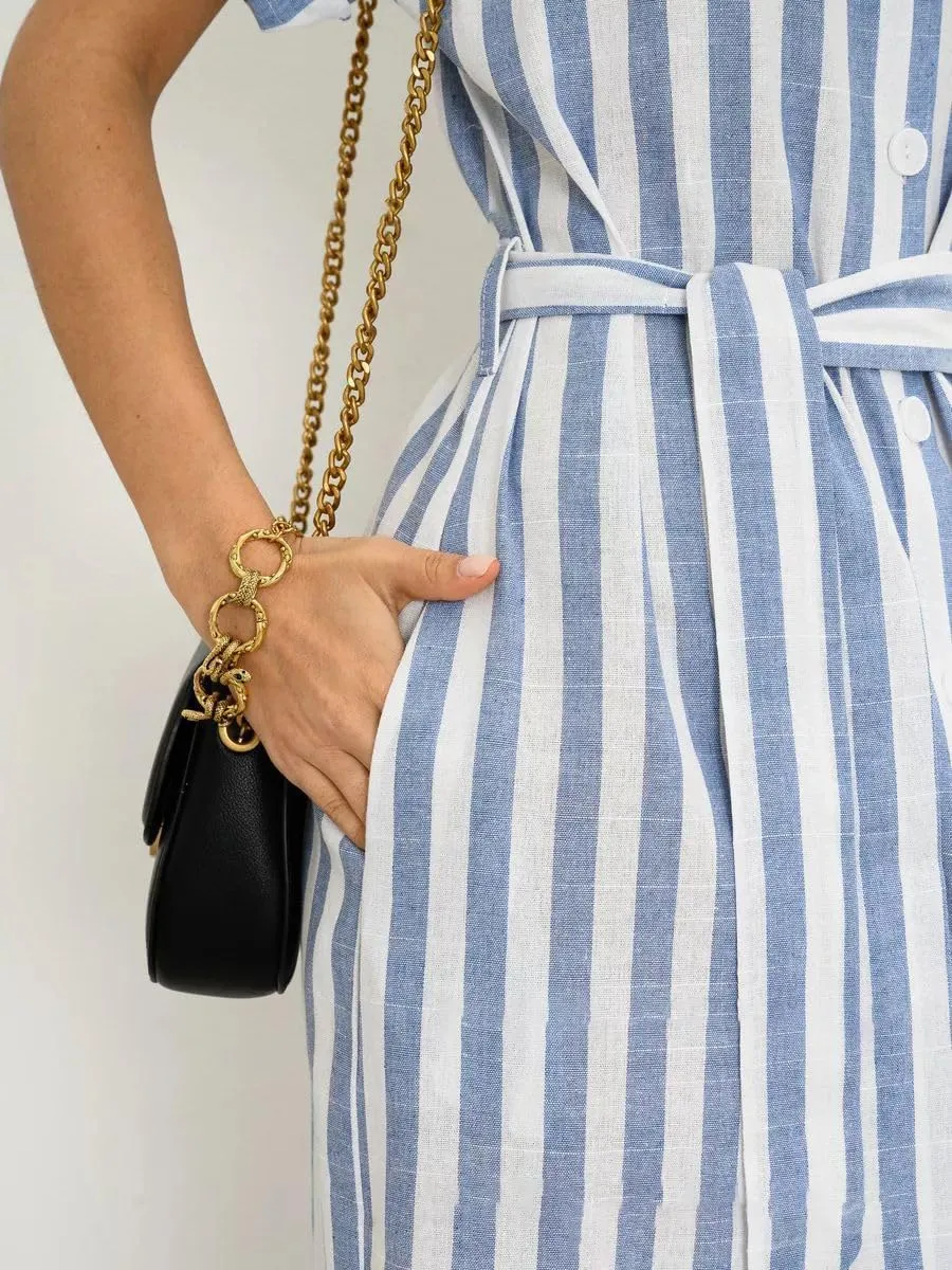 utcoco Women's 2025 Striped Short Sleeve Cotton Maxi Shirt Dress Belted Side Slit Button Down Dress with Pockets