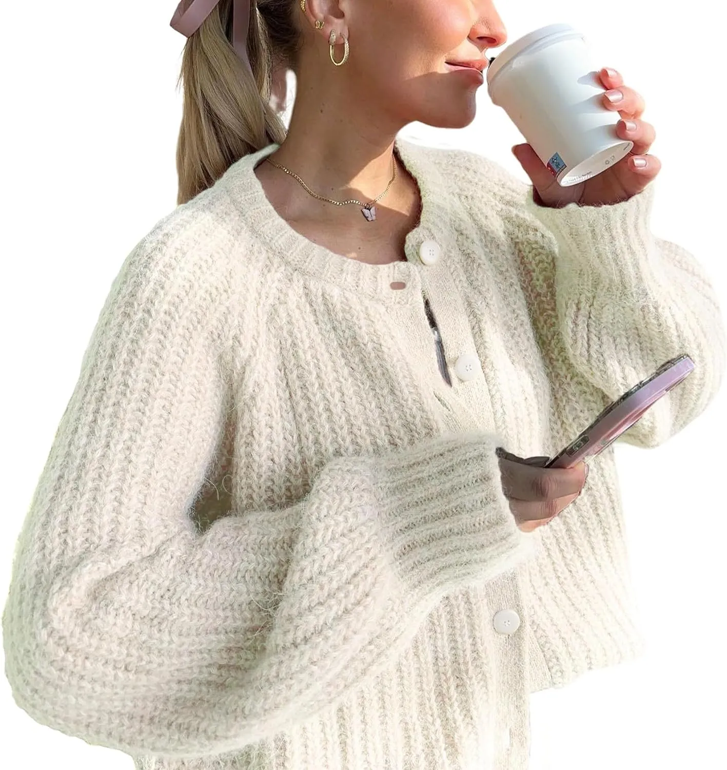 VDWIP Womens Cardigan Sweaters Button Down Chunky Knit Sweater Fall Loose Long Sleeve Cropped Cardigan