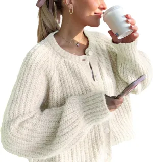 VDWIP Womens Cardigan Sweaters Button Down Chunky Knit Sweater Fall Loose Long Sleeve Cropped Cardigan