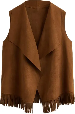 Verdusa Girl's Faux Suede Tassel Vest 70s Hippie Cardigan Cowgirl Fringe Jacket
