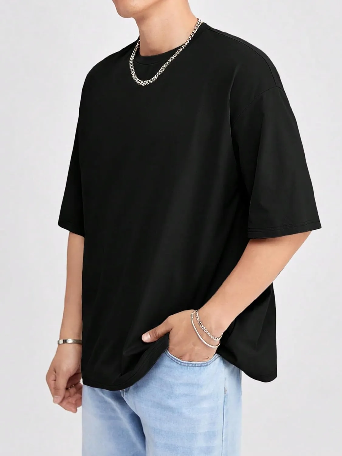 Verdusa Men's Drop Shoulder Round Neck Half Sleeve T Shirt Basic Solid Loose Tee Tops