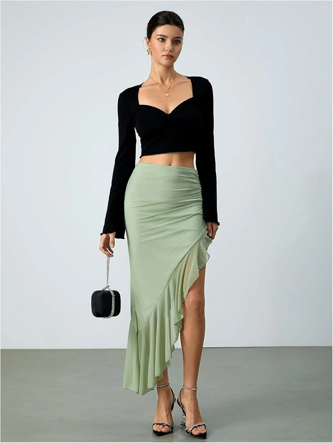 Verdusa Women's Asymmetrical High Slit Mesh Long Skirts Ruffle Hem Ruched Flowy Bodycon Skirt