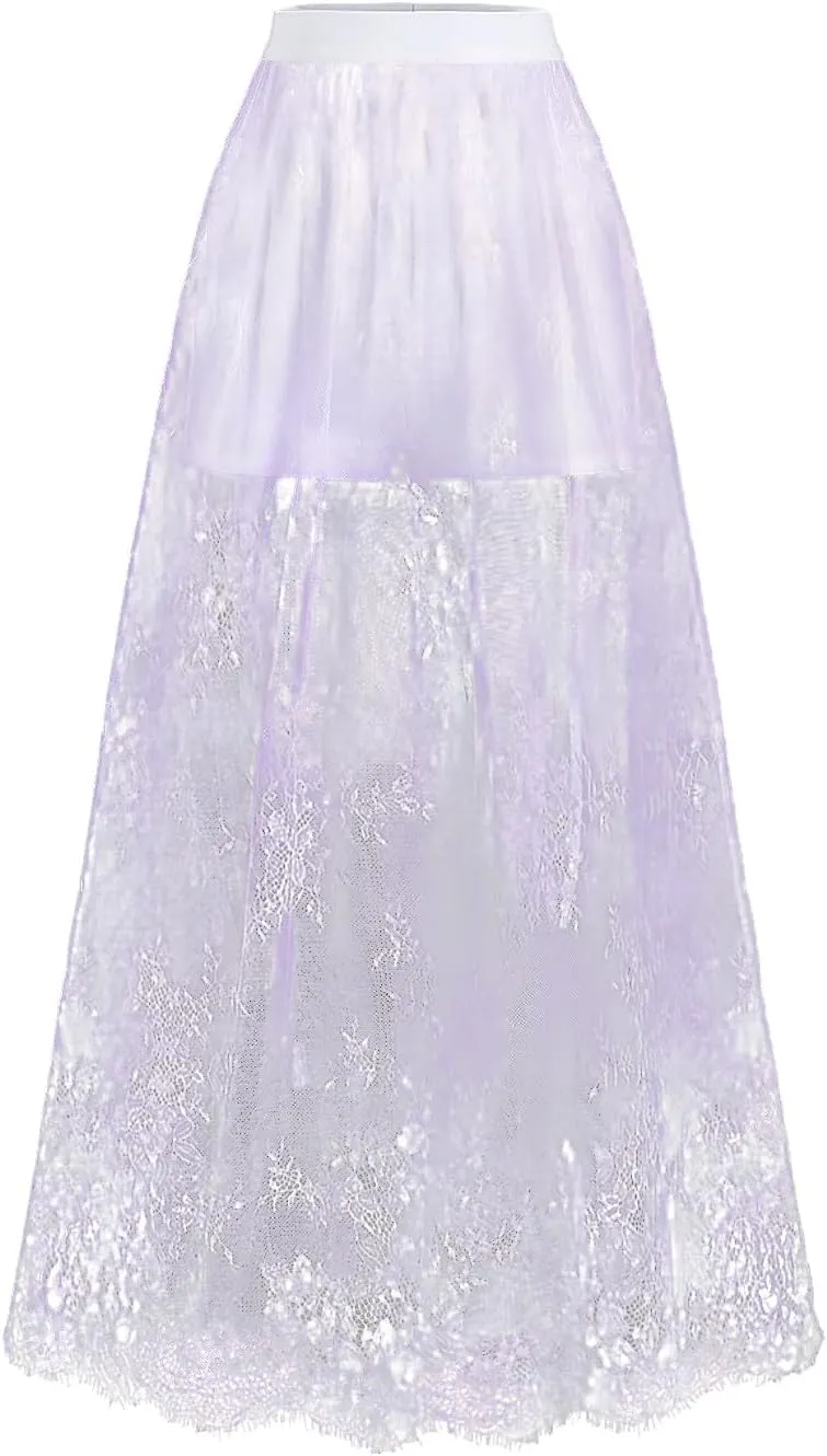 Verdusa Women's Floral Lace Mesh Layered Long Skirt High Rise Flowy Maxi Skirt