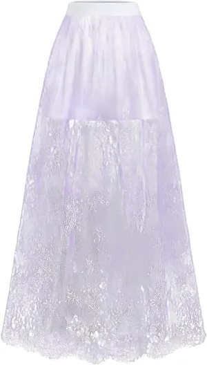 Verdusa Women's Floral Lace Mesh Layered Long Skirt High Rise Flowy Maxi Skirt