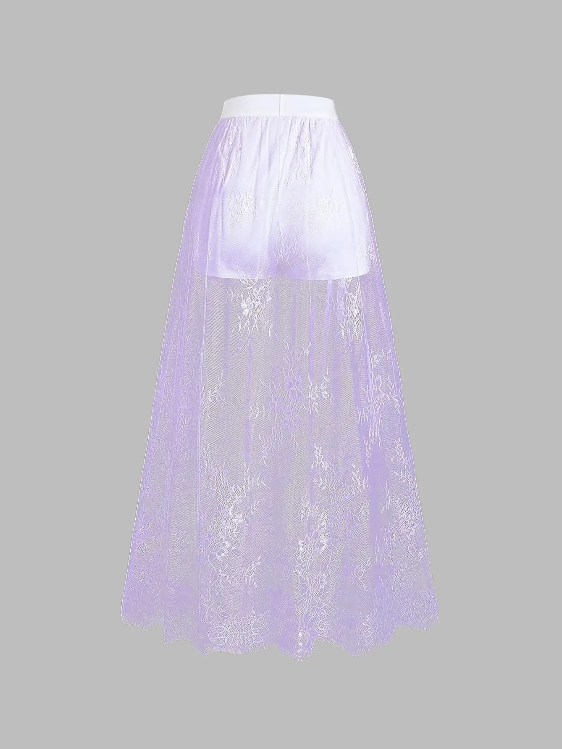 Verdusa Women's Floral Lace Mesh Layered Long Skirt High Rise Flowy Maxi Skirt