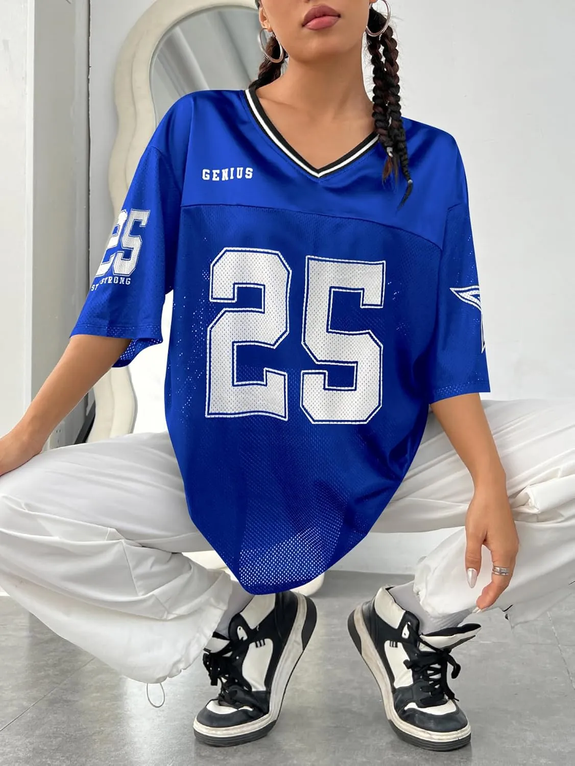 Verdusa Women's Jersey Shirts Graphic Tees Oversized Streetwear Letter Print T Shirt V Neck Tee Top