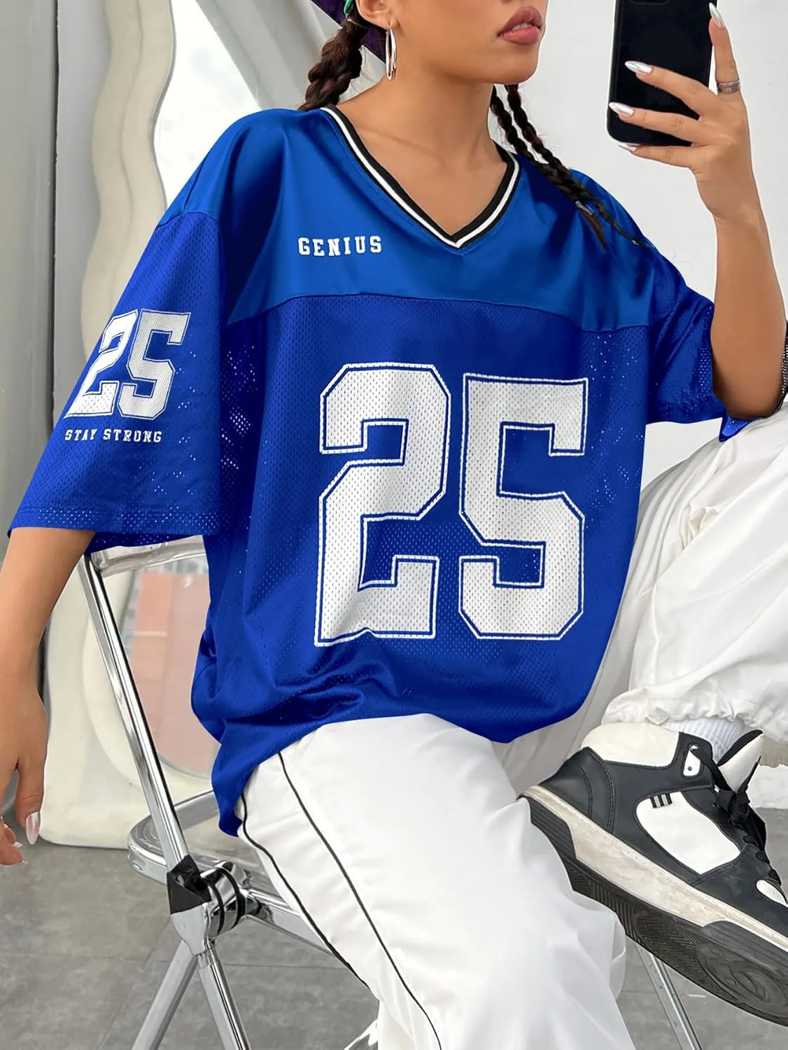 Verdusa Women's Jersey Shirts Graphic Tees Oversized Streetwear Letter Print T Shirt V Neck Tee Top