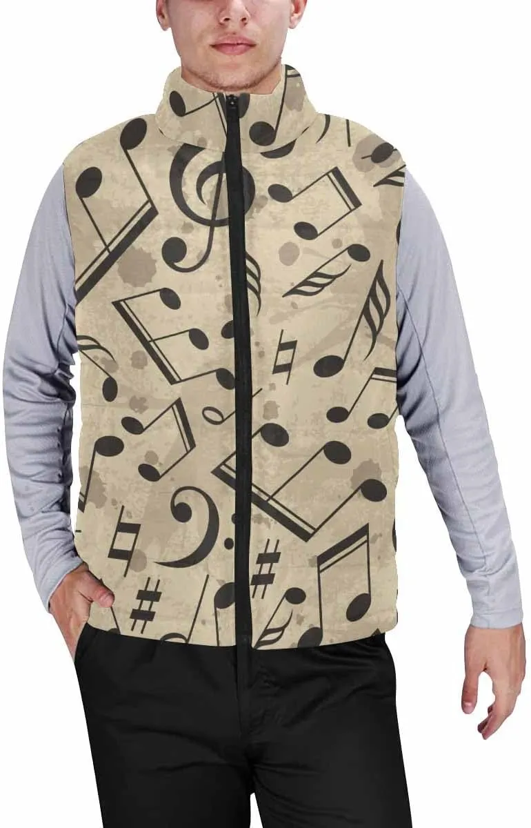 Vests For Men Music Notes Pattern Men's Warm Puffer Vest Outdoor Sleeveless Jacket For Golf Hiking Casual Travel