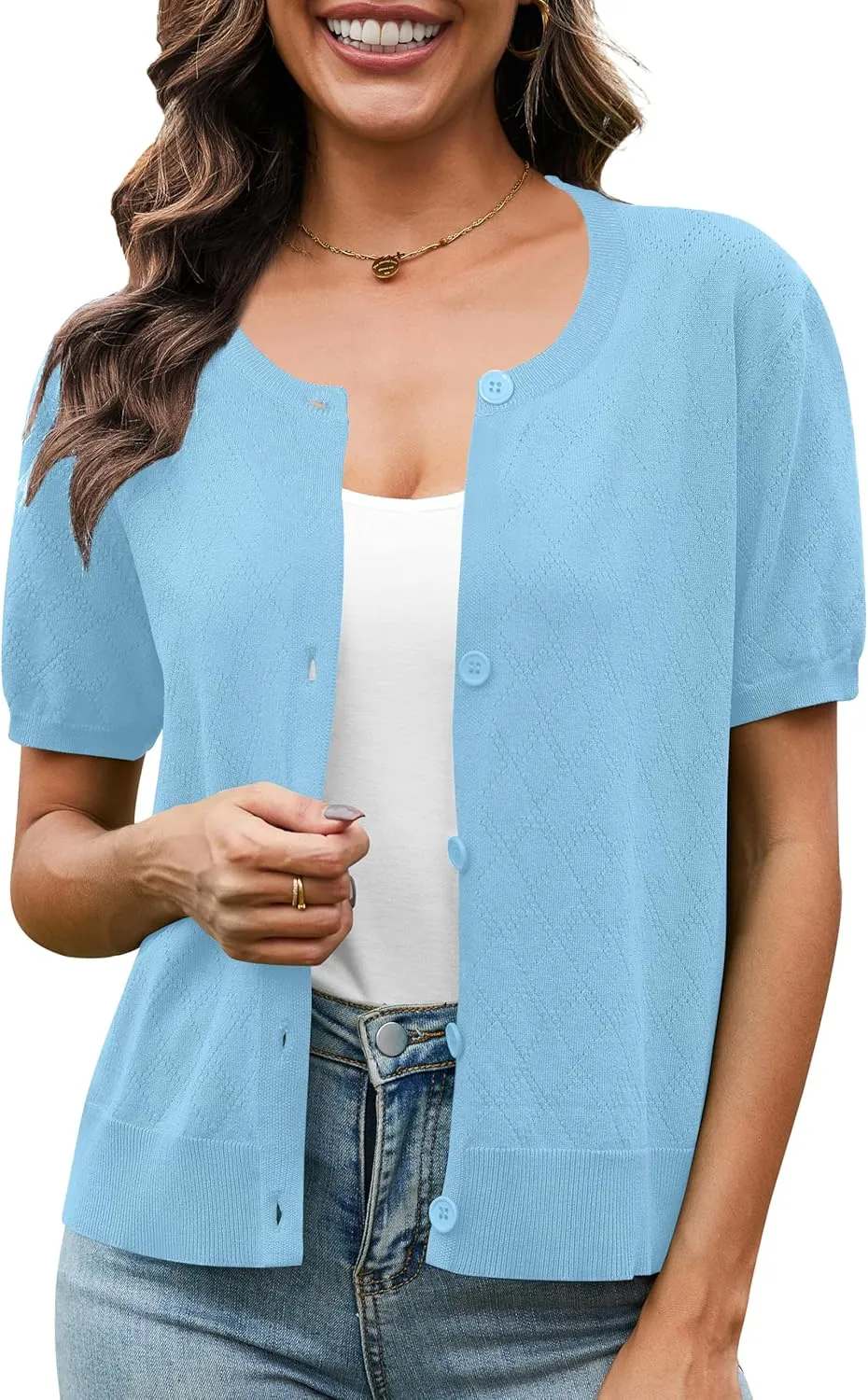 VIISHOW Women's Summer Lightweight Short Sleeve Cardigan Crochet Knit Shrug Open Front Crew Neck Button Up Casual Tops