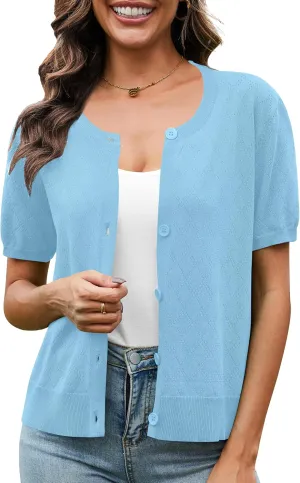 VIISHOW Women's Summer Lightweight Short Sleeve Cardigan Crochet Knit Shrug Open Front Crew Neck Button Up Casual Tops