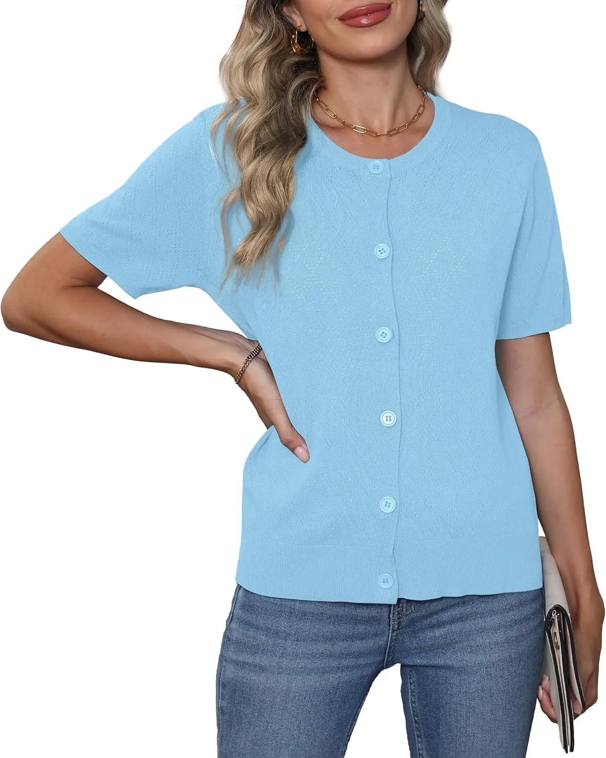 VIISHOW Women's Summer Lightweight Short Sleeve Cardigan Crochet Knit Shrug Open Front Crew Neck Button Up Casual Tops