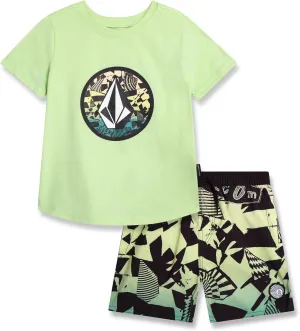 Volcom Baby Boys Swim Set - 2 Piece Short Sleeve Swim Shirt Graphic Tees & Board Shorts, Infant Toddler Little Boys Swimsuit