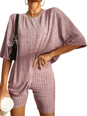 WDIRARA Women's 2 Piece Outfits Ribbed Short Sleeve Drop Shoulder Tee and Shorts Set Tracksuits