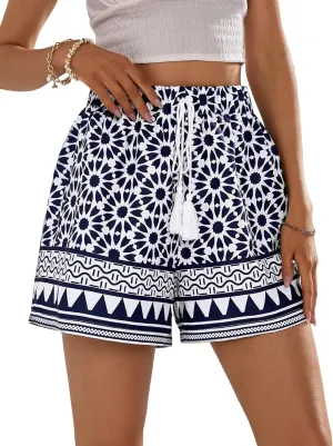 WDIRARA Women's Loose Boho Casual Summer Shorts Floral Print Elastic High Waist Knot Comfy Wide Leg Shorts
