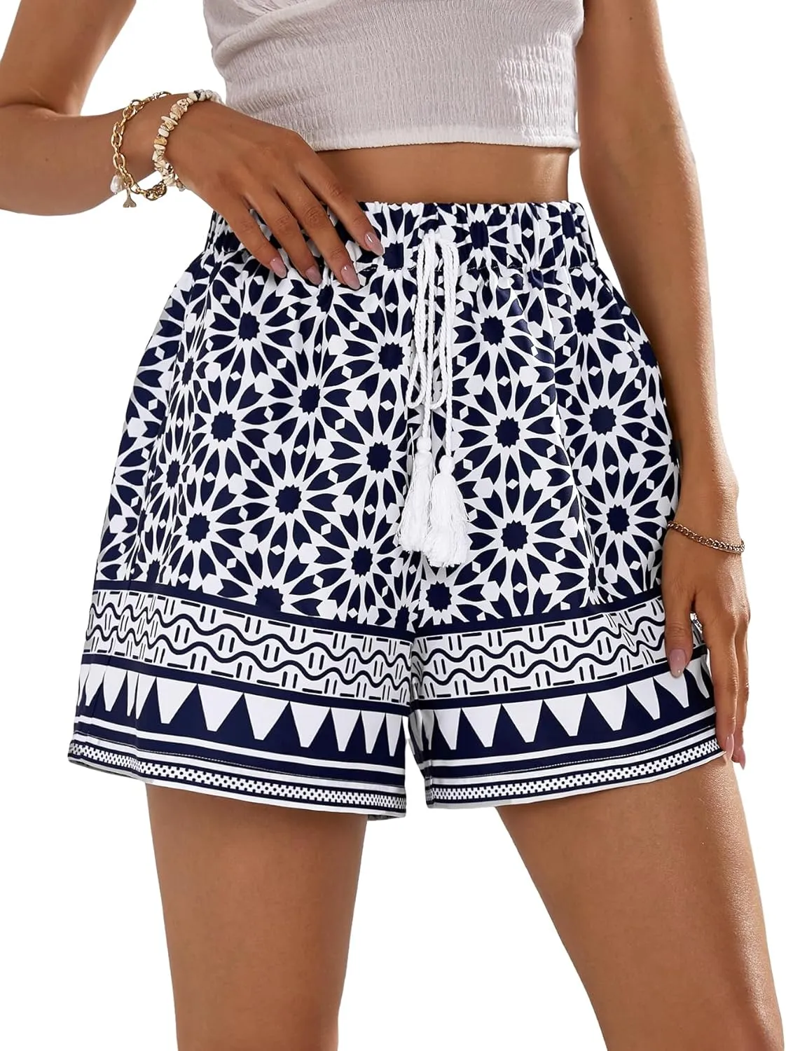 WDIRARA Women's Loose Boho Casual Summer Shorts Floral Print Elastic High Waist Knot Comfy Wide Leg Shorts