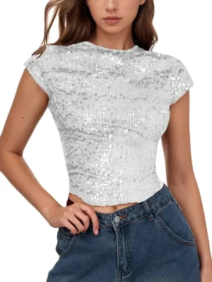 WDIRARA Women's Sequin Boat Neck Shirts Sparkle Glitter Backless Tee Cap Sleeve Crop Tops