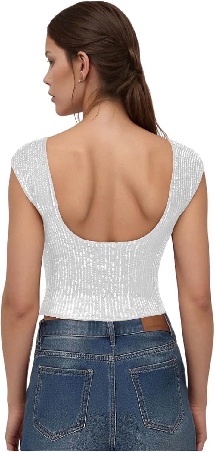 WDIRARA Women's Sequin Boat Neck Shirts Sparkle Glitter Backless Tee Cap Sleeve Crop Tops