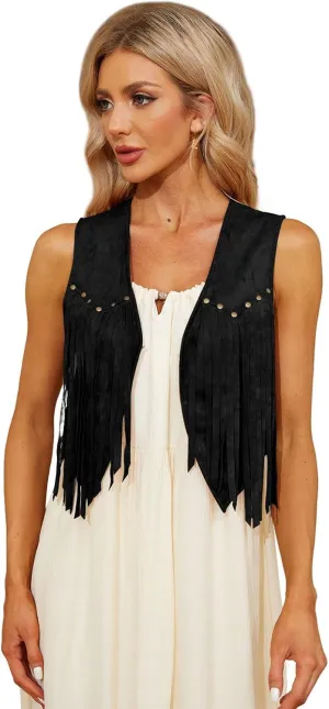 WERFORU Fringe Vest Women Faux Suede Open-Front Vintage Tassel Vest Coat Sleeveless 70s Hippie Boho Western Jacket