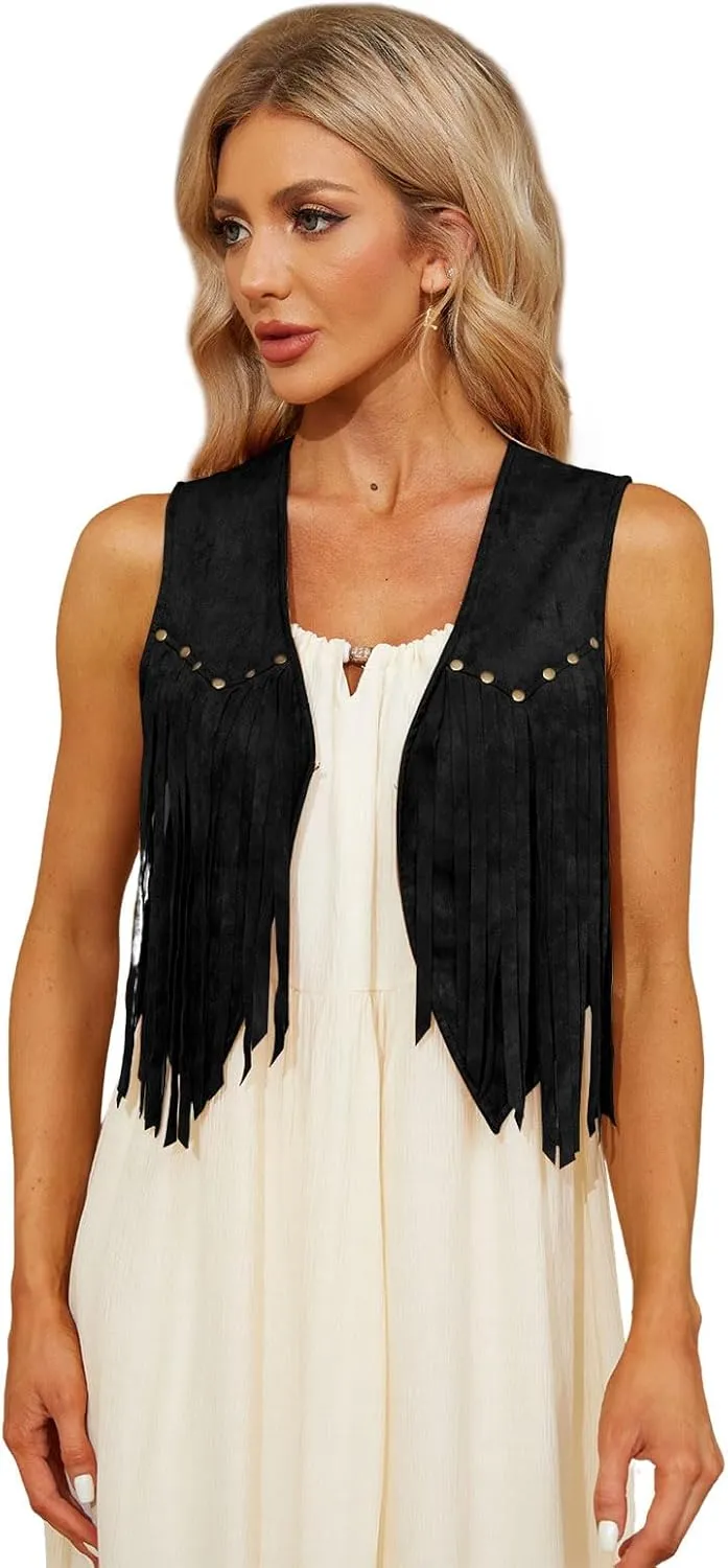 WERFORU Fringe Vest Women Faux Suede Open-Front Vintage Tassel Vest Coat Sleeveless 70s Hippie Boho Western Jacket