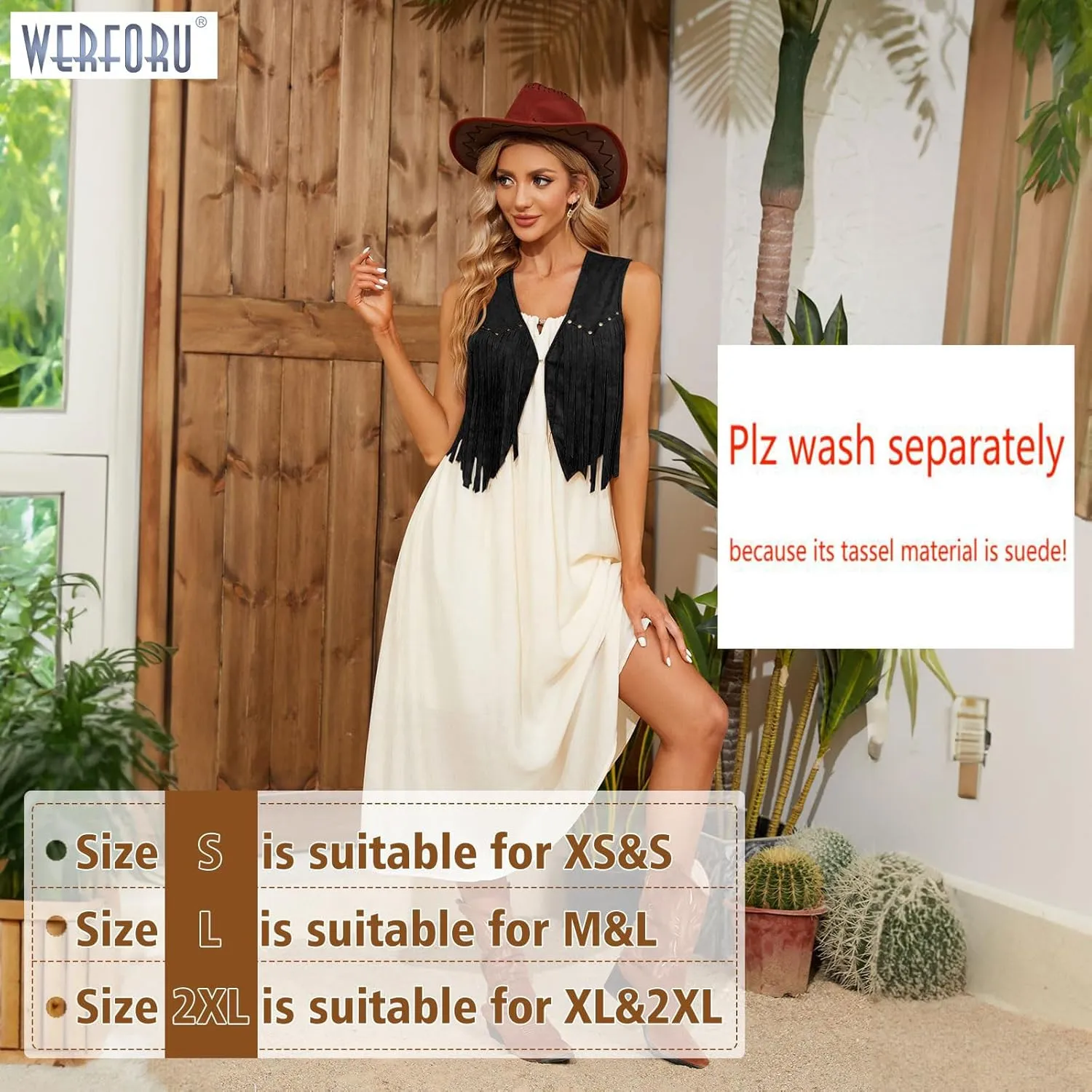 WERFORU Fringe Vest Women Faux Suede Open-Front Vintage Tassel Vest Coat Sleeveless 70s Hippie Boho Western Jacket
