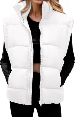 WHN Womens Oversized Puffer Vest Lightweight Winter Warm Stand Collar Padded Puffy Jackets Coats with Plush Pockets