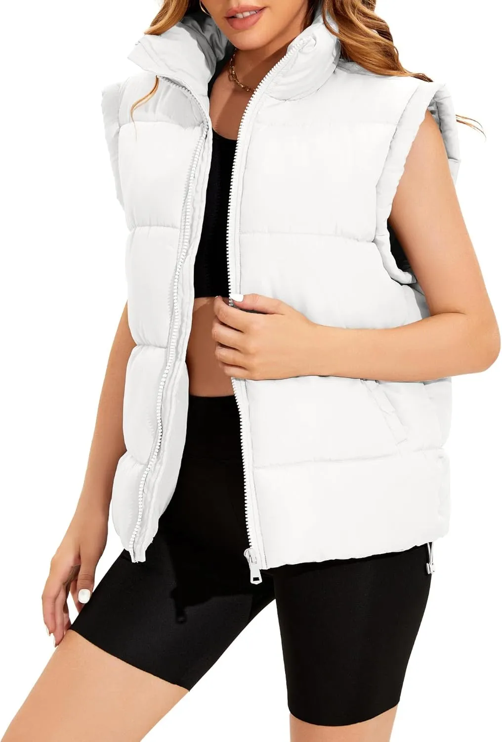 WHN Womens Oversized Puffer Vest Lightweight Winter Warm Stand Collar Padded Puffy Jackets Coats with Plush Pockets