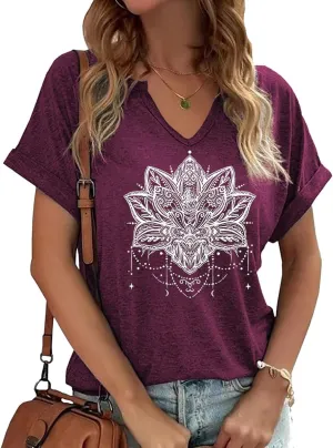Woffccrd Womens V Neck T-Shirts Vintage Graphic Tees Sun and Moon Short Sleeve Vacation Funny Graphic Tee Tops