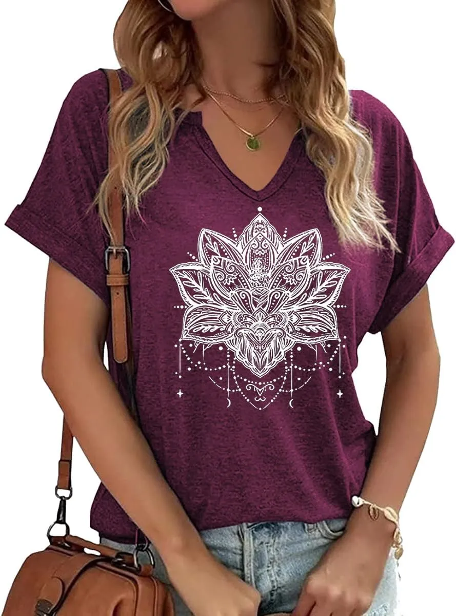Woffccrd Womens V Neck T-Shirts Vintage Graphic Tees Sun and Moon Short Sleeve Vacation Funny Graphic Tee Tops
