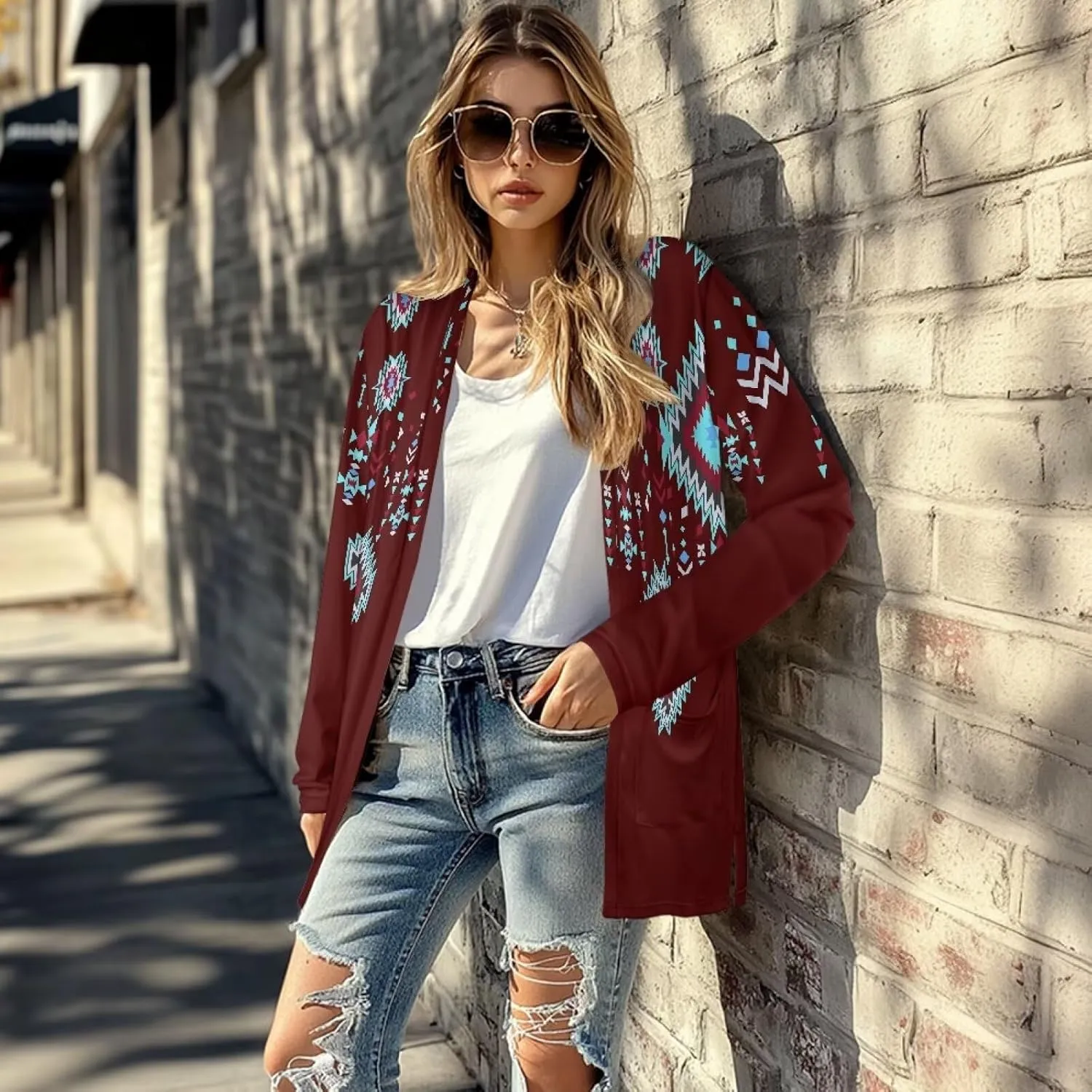 Woman Western Style Aztec Cardigan Long Sleeve Geometric Aztec Print Casual Lightweight Open Front Cardigan Coat