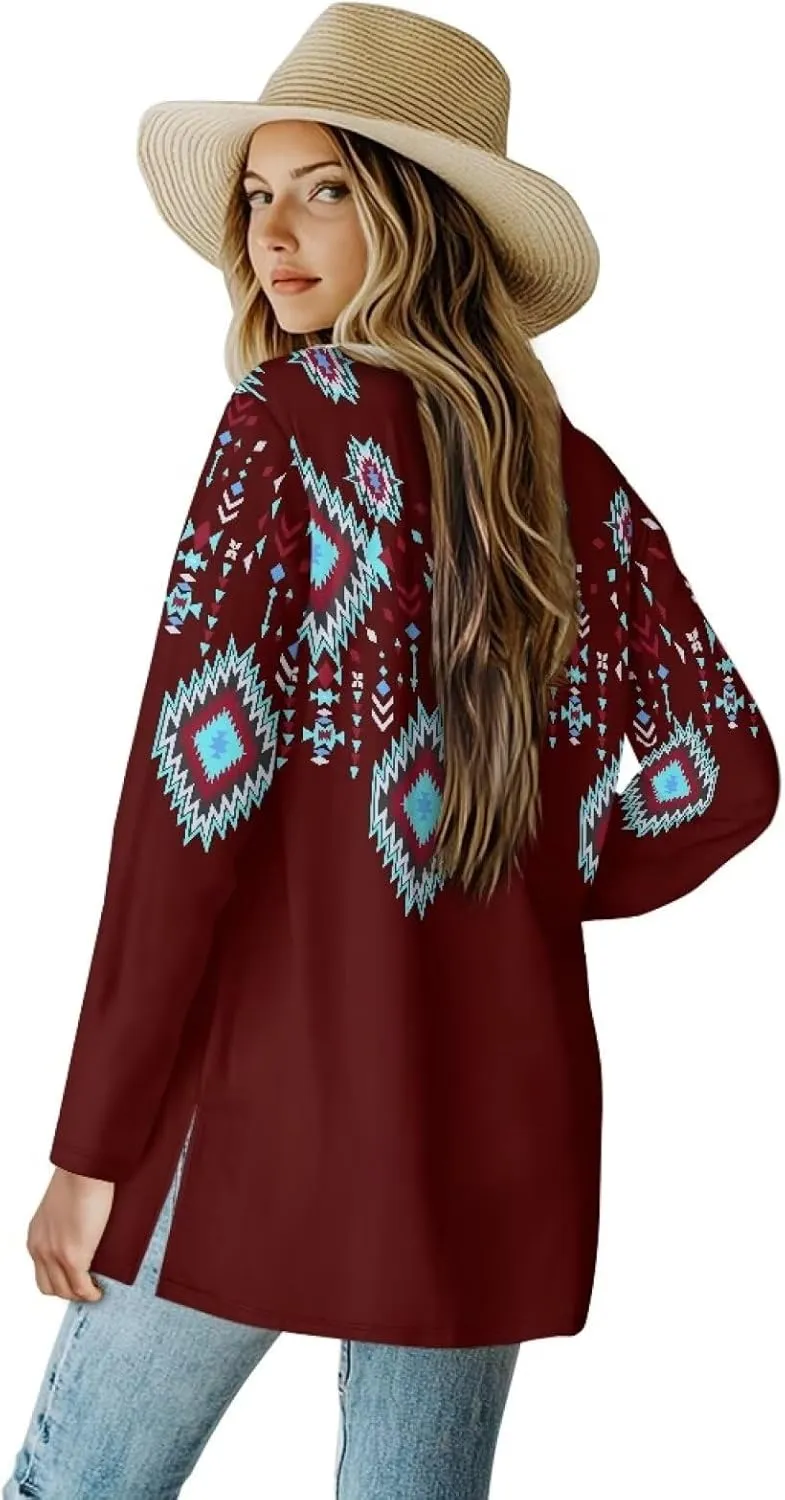 Woman Western Style Aztec Cardigan Long Sleeve Geometric Aztec Print Casual Lightweight Open Front Cardigan Coat