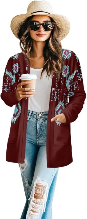 Woman Western Style Aztec Cardigan Long Sleeve Geometric Aztec Print Casual Lightweight Open Front Cardigan Coat