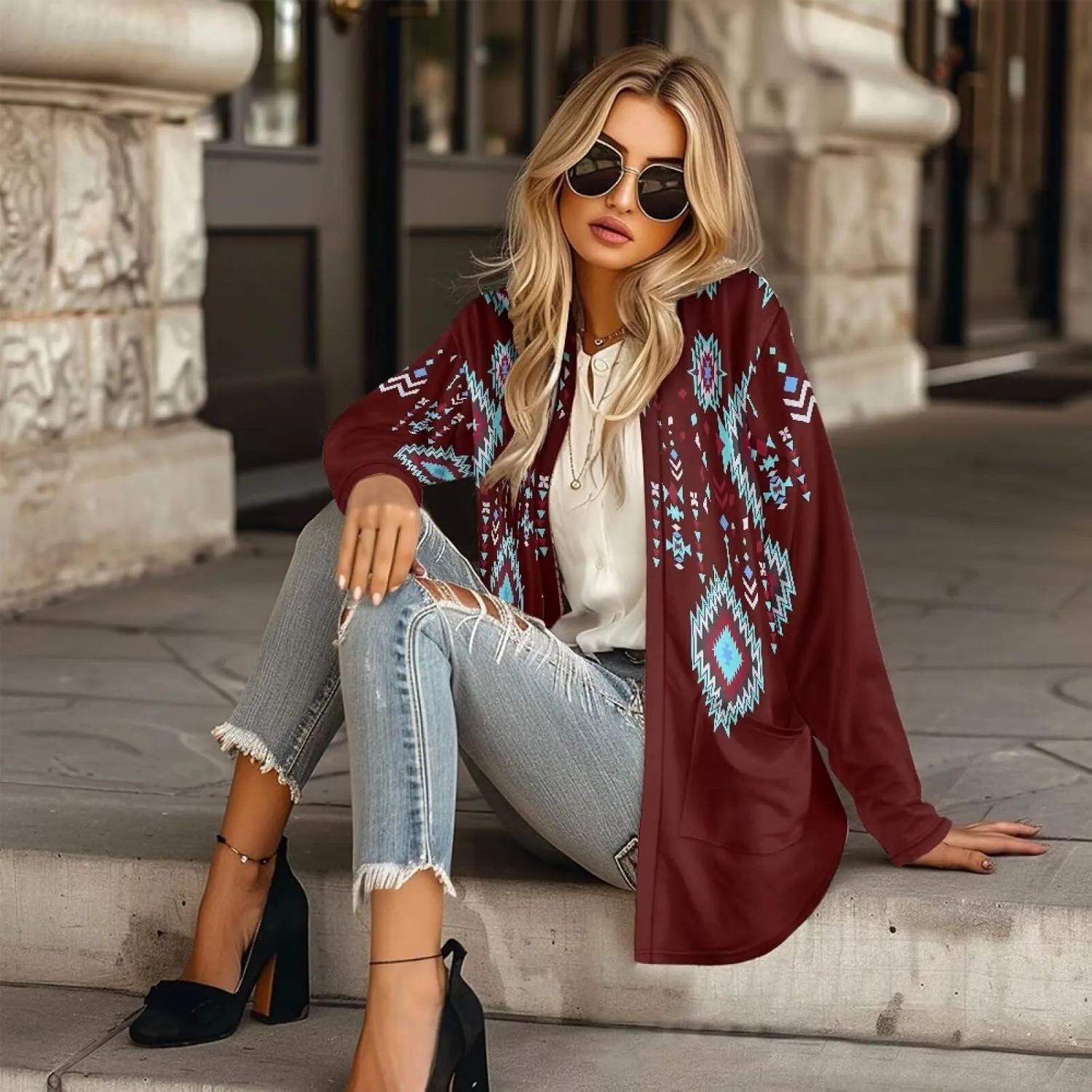 Woman Western Style Aztec Cardigan Long Sleeve Geometric Aztec Print Casual Lightweight Open Front Cardigan Coat