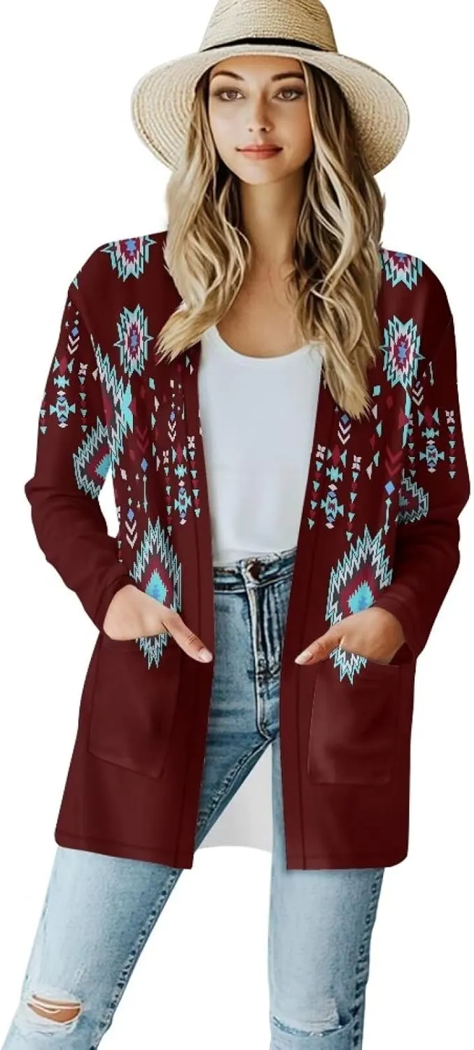 Woman Western Style Aztec Cardigan Long Sleeve Geometric Aztec Print Casual Lightweight Open Front Cardigan Coat