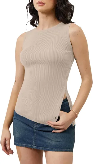 Women Asymmetrical Button Down Side Split Sweater Tank Top Sleeveless Boat Neck Solid Slim Side-Button Rib Knit Vest