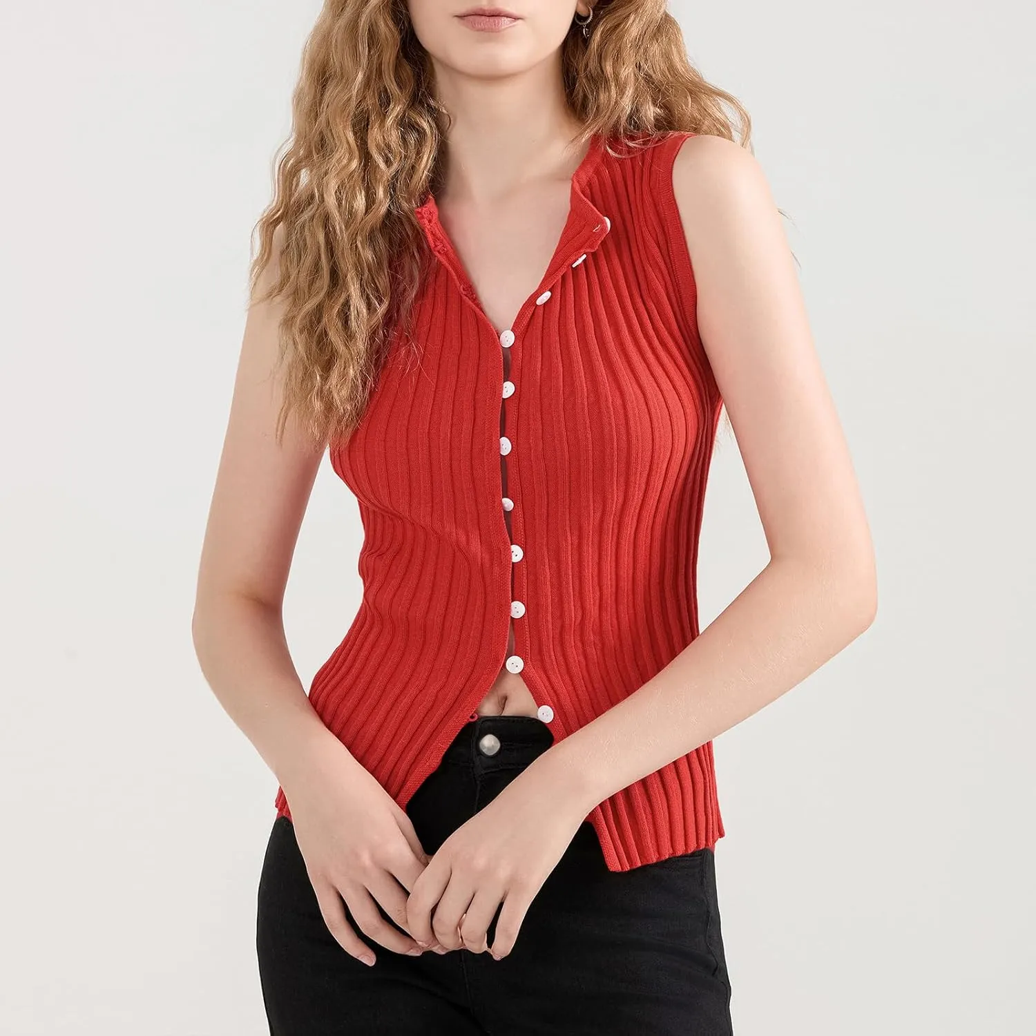 Women Button Up Vest Tank Top Ribbed Knit Sleeveless Slim Fit Shirt Summer Y2k Dressy Going Out Tops