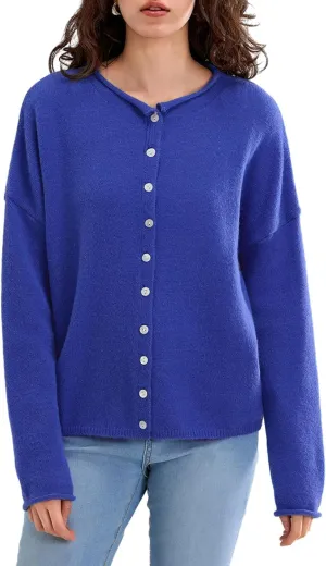 Women Casual Cardigan Sweater Lightweight Loose Crewneck Button Down Long Sleeve Basic Knit Tops