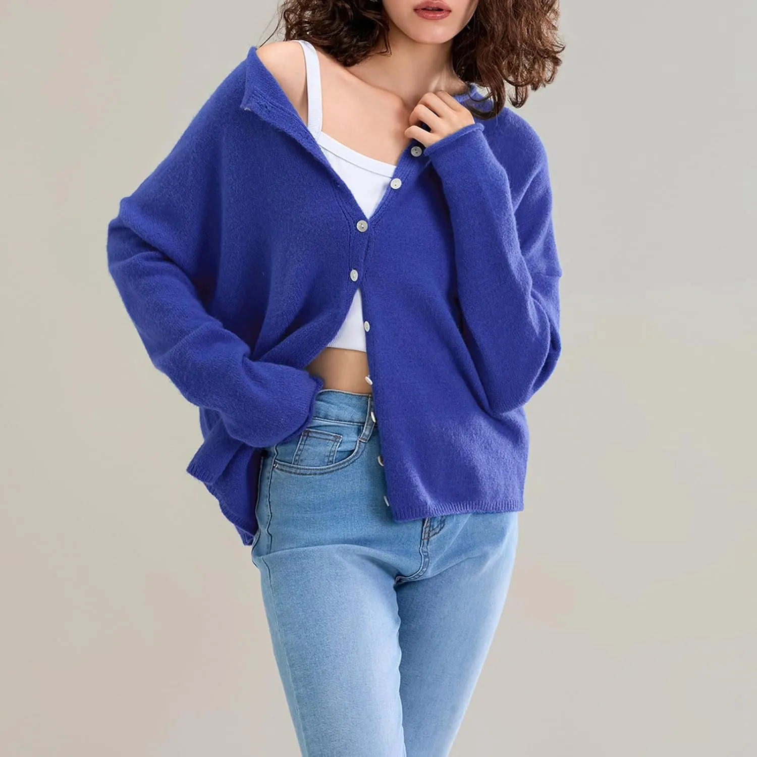 Women Casual Cardigan Sweater Lightweight Loose Crewneck Button Down Long Sleeve Basic Knit Tops
