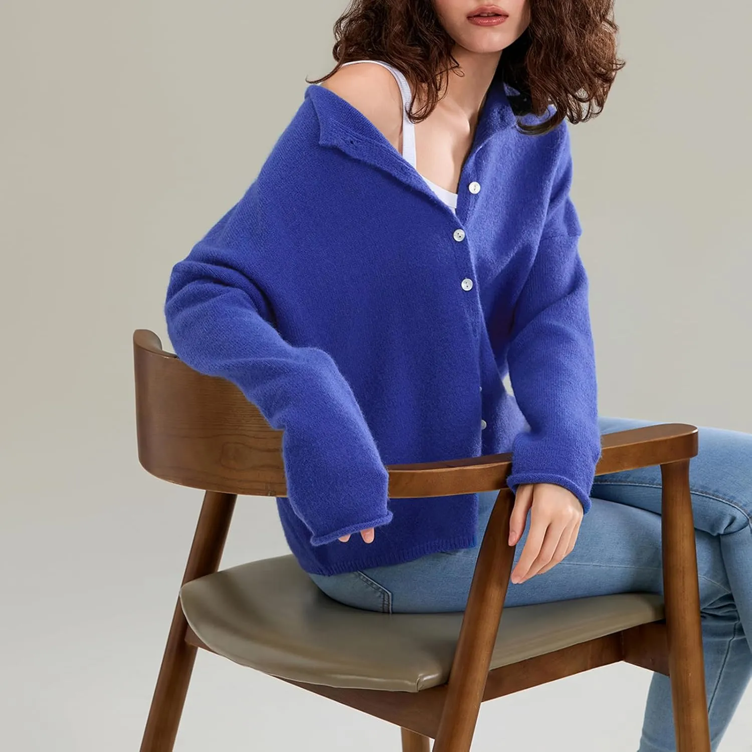 Women Casual Cardigan Sweater Lightweight Loose Crewneck Button Down Long Sleeve Basic Knit Tops